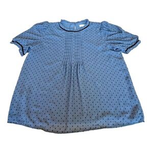 Ann Taylor LOFT Ruffle Neck/Ruffle Sleeve Polka Dot Blouse Pleats Blue/Black Med